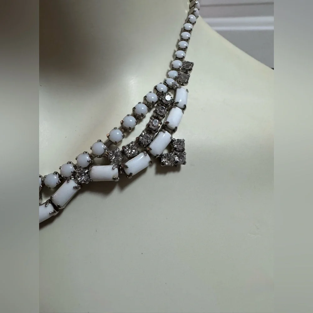 Vintage Milk Glass Rhinestone Bib Necklace Mid Century - Bridal, Formal, Prom
